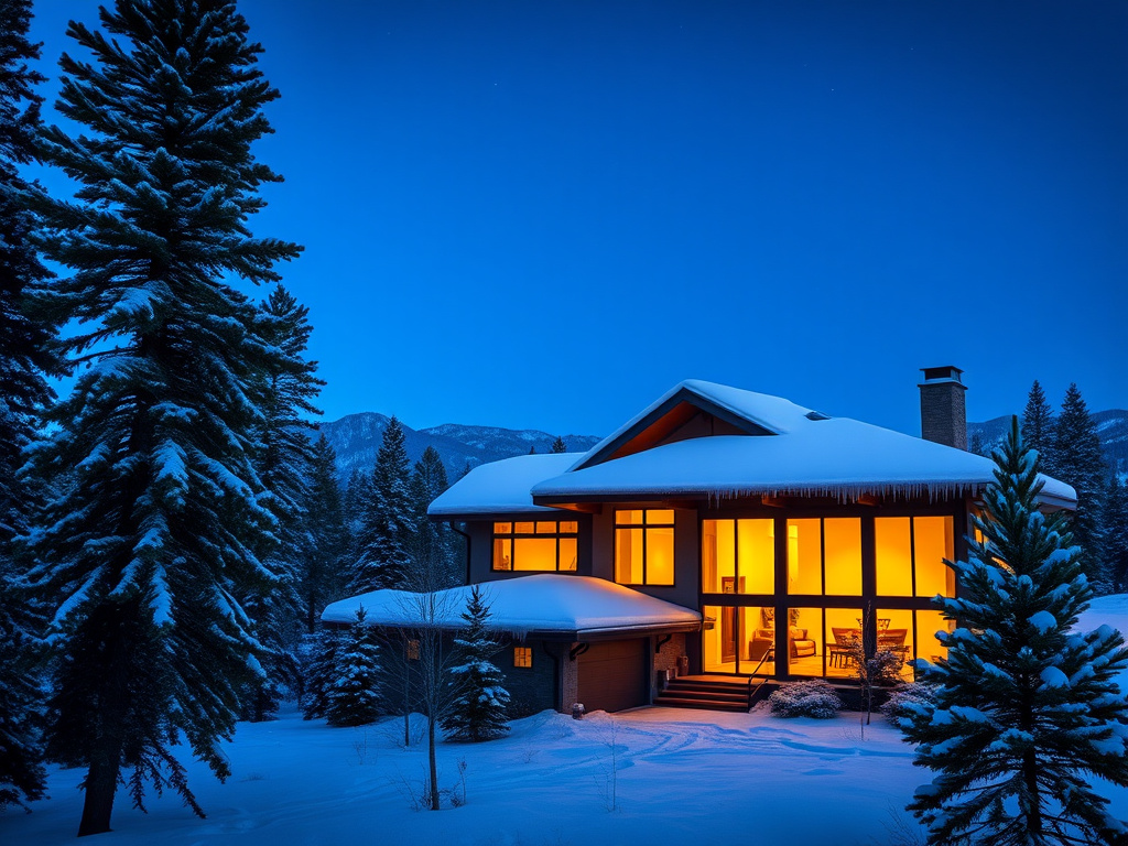 Snow-dusted energy-efficient mountain home near Flagstaff, Arizona at dusk
